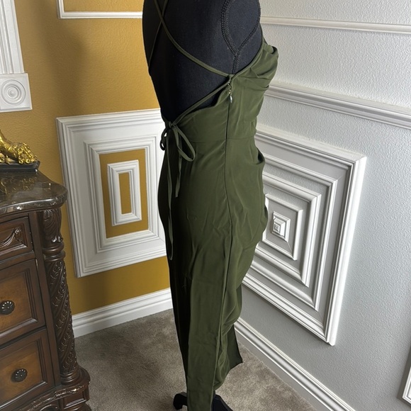 Elegant Olive Green Ruched Dress - Picture 6 of 9